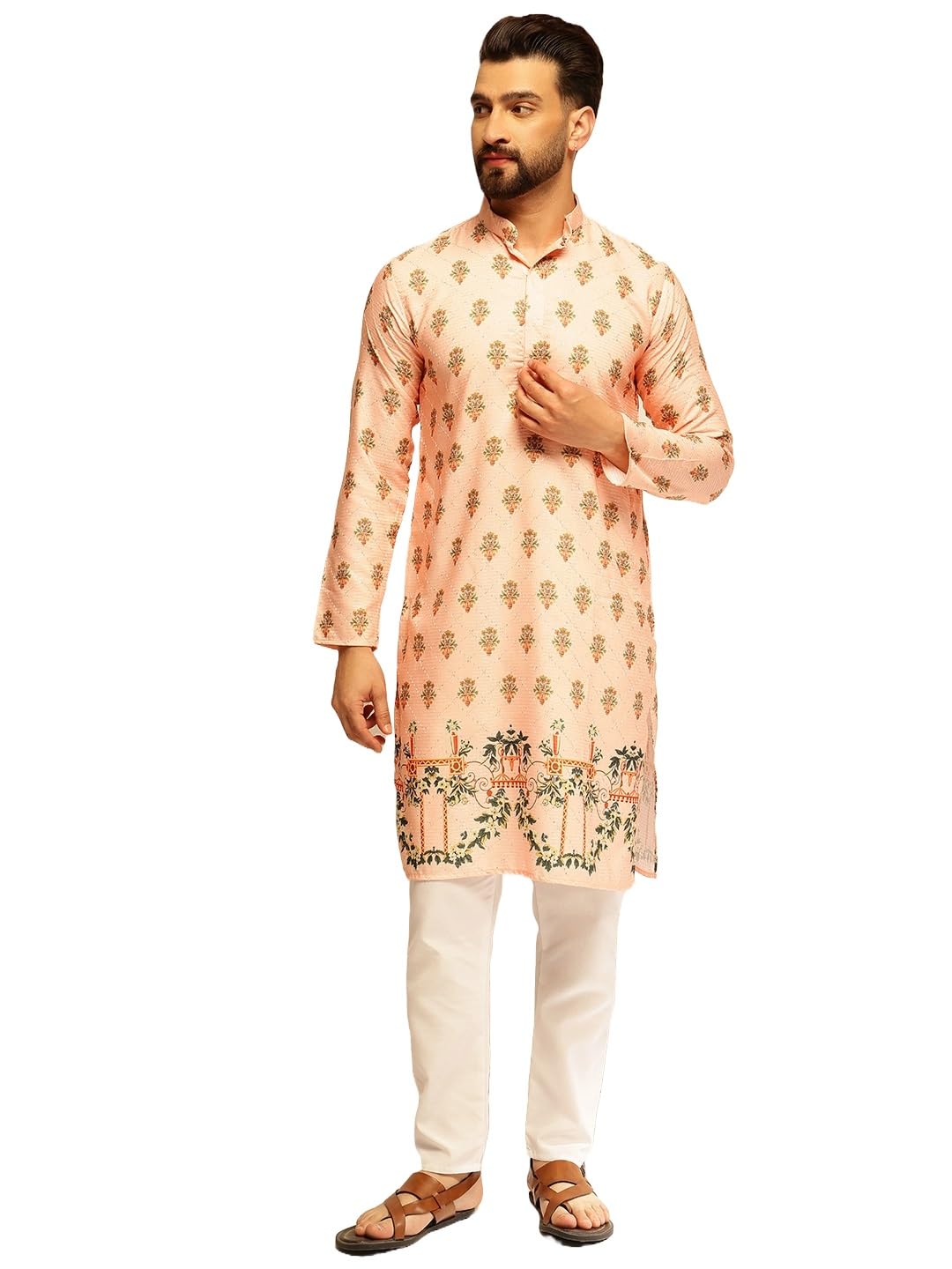 SOJANYA (Since 1958 Raksha Bandhan Special Men's Cotton Kurta Pyjama with Daman Print & Krochet Embroidery