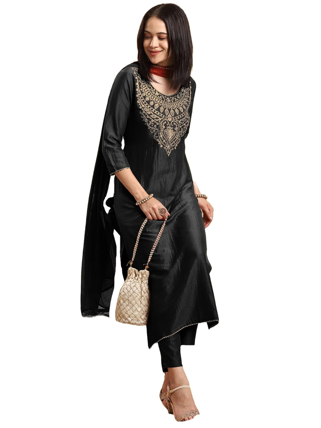 GoSriKi Women's Rayon Viscose Embroidered Straight Kurta with Pant & Dupatta