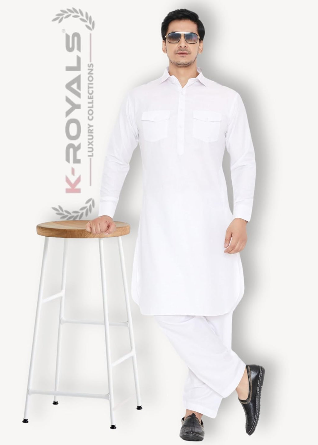 Royal Ethnic | Men's Cotton Blend Pathani Kurta Pyjama Set | Full Sleeves | Solid Pattern | Festive & Elegant Traditional - Royal Ethnic