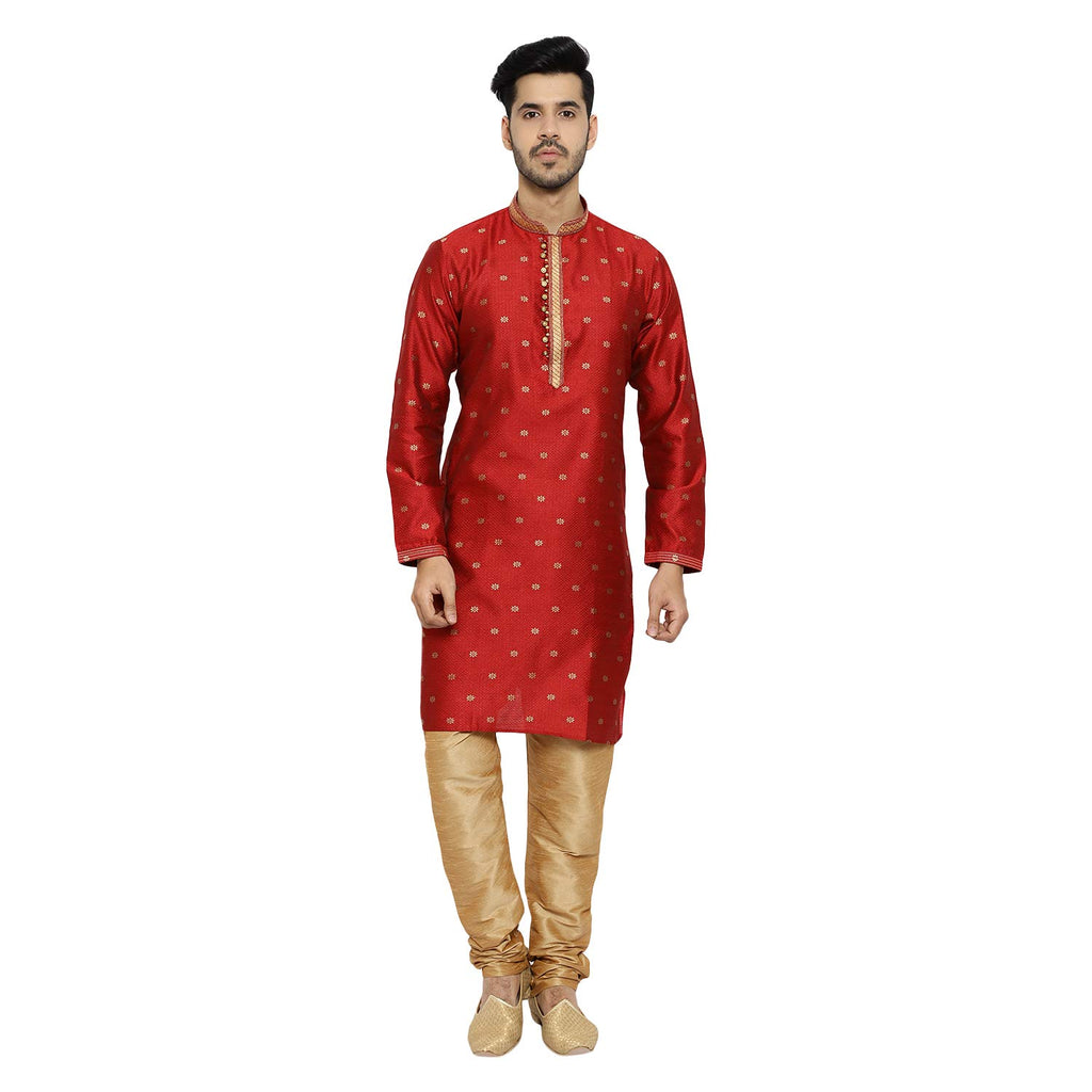 Royal Ethnic | Men's Silk Printed Kurta Churidar Set | Elegant Motifs | Full Sleeves | Festive & Wedding Wear | Classic - Royal Ethnic