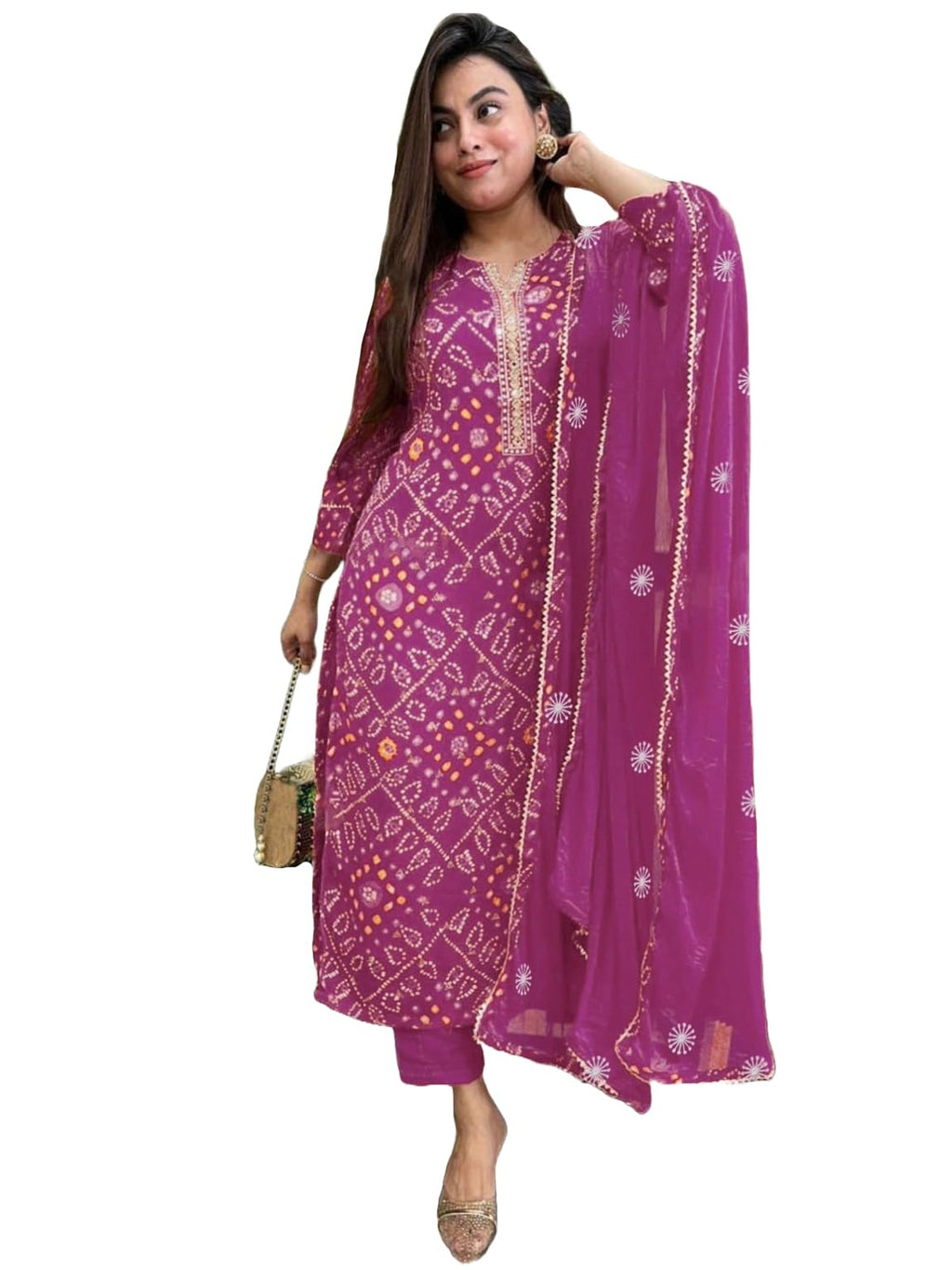 Royal Ethnic Women's Rayon Viscose Straight Bandhej Printed Kurta with Pant and Dupatta Elegant Stylish Ethnic Wear Festive