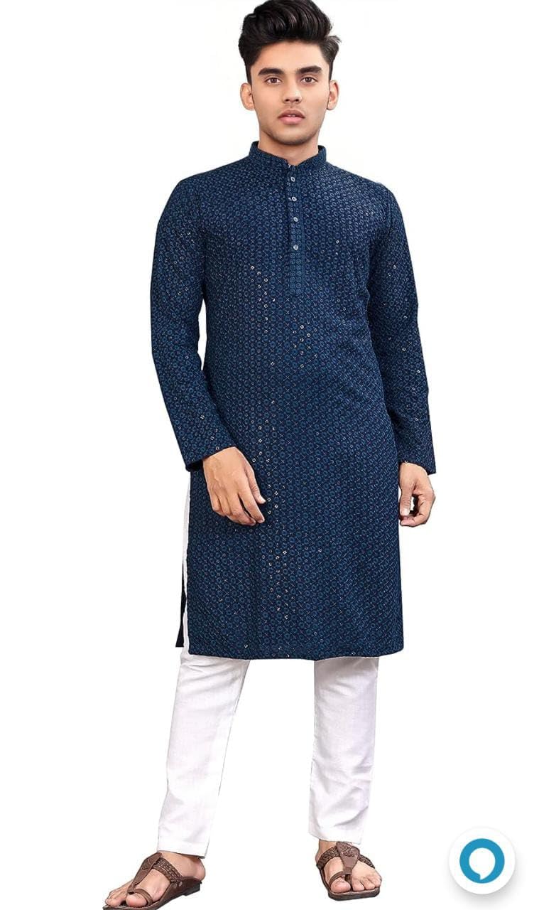 Royal Ethnic | Men's Straight Lucknowi Kurta | Indian Ethnic Wear | Embroidered Cotton | Full Sleeves | Regular Fit - Royal Ethnic