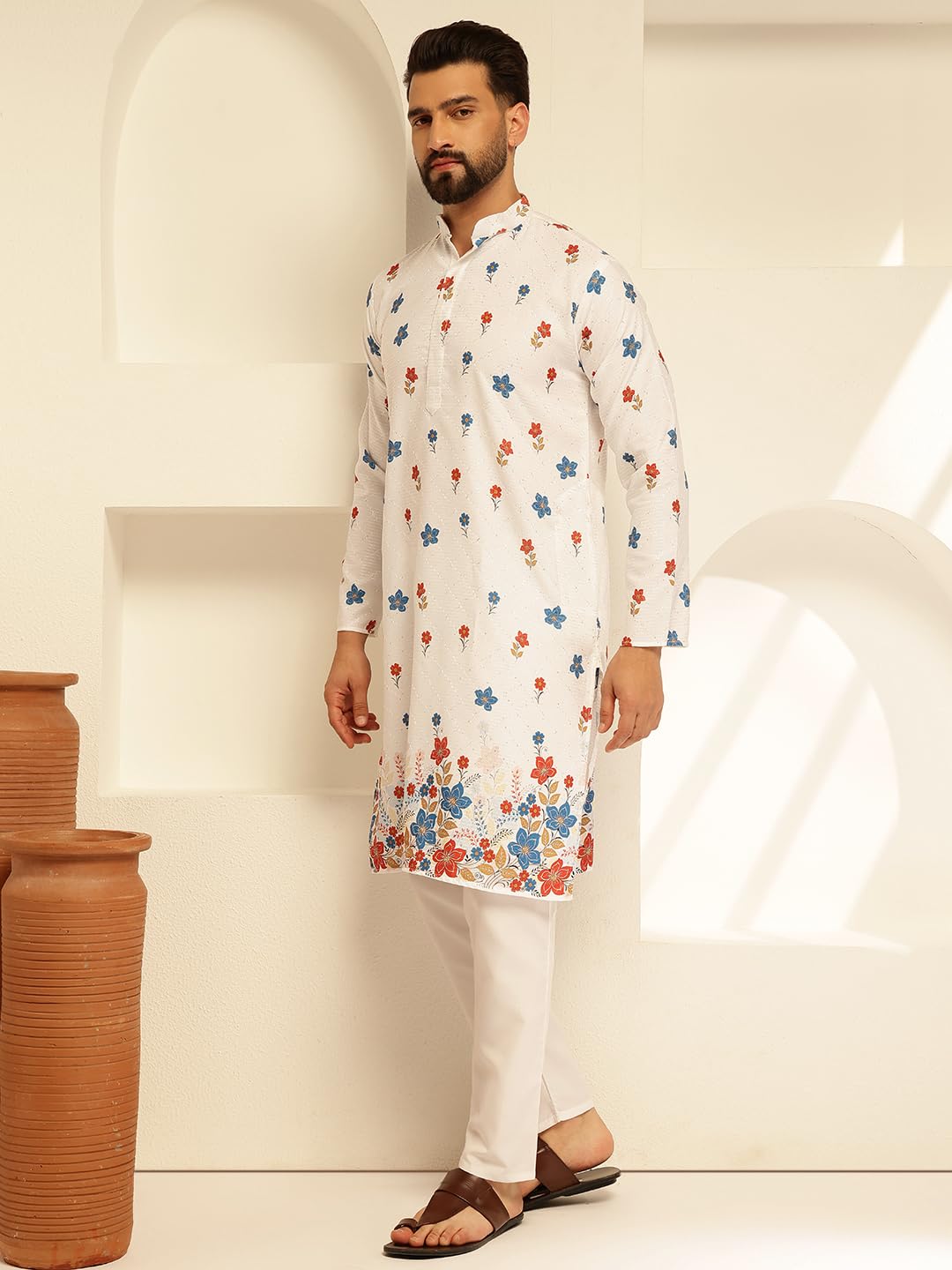 SOJANYA (Since 1958 Raksha Bandhan Special Men's Cotton Kurta Pyjama with Daman Print & Krochet Embroidery
