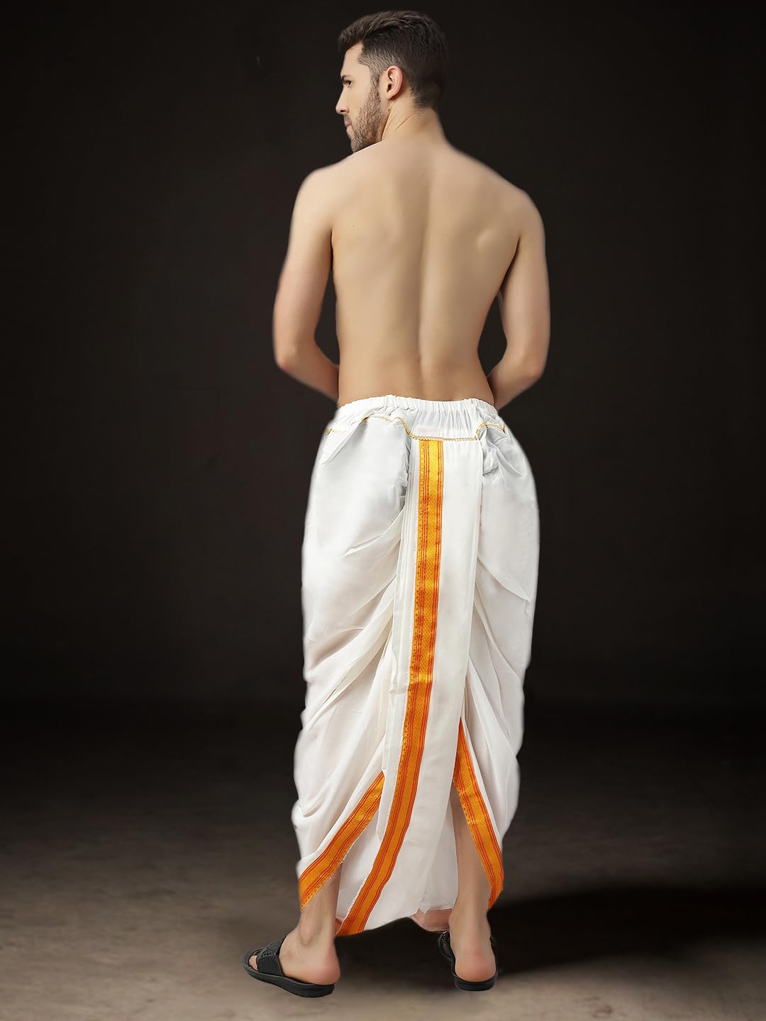Royal Ethnic | Men's Readymade Art Silk Dhoti | White with Gold Border | Pre-Stitched | Wedding & Puja Wear | Comfortable - Royal Ethnic