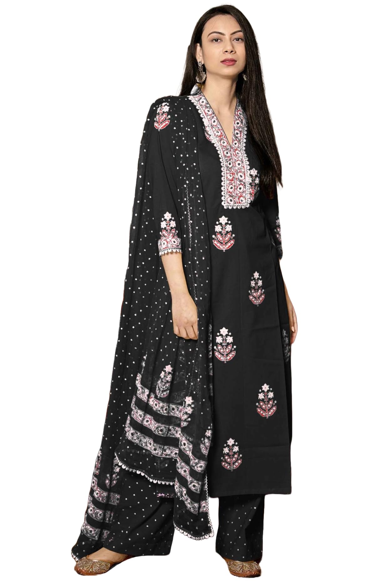 GoSriKi Women's Cotton Blend Straight Hand Block Printed Kurta with Pant & Dupatta