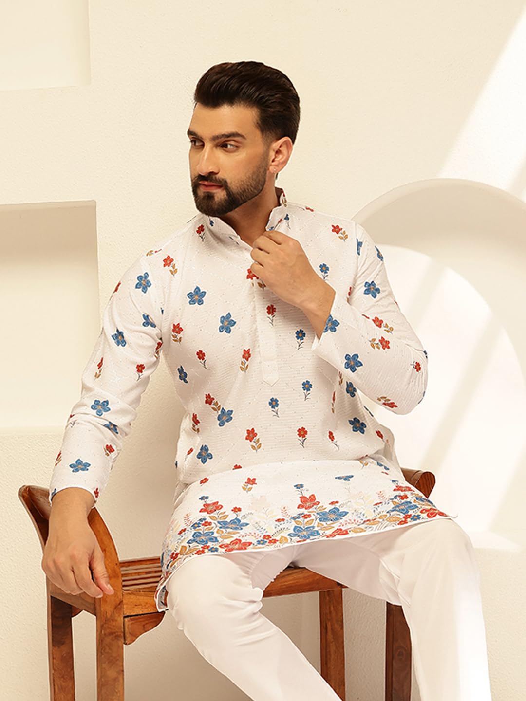 SOJANYA (Since 1958 Raksha Bandhan Special Men's Cotton Kurta Pyjama with Daman Print & Krochet Embroidery