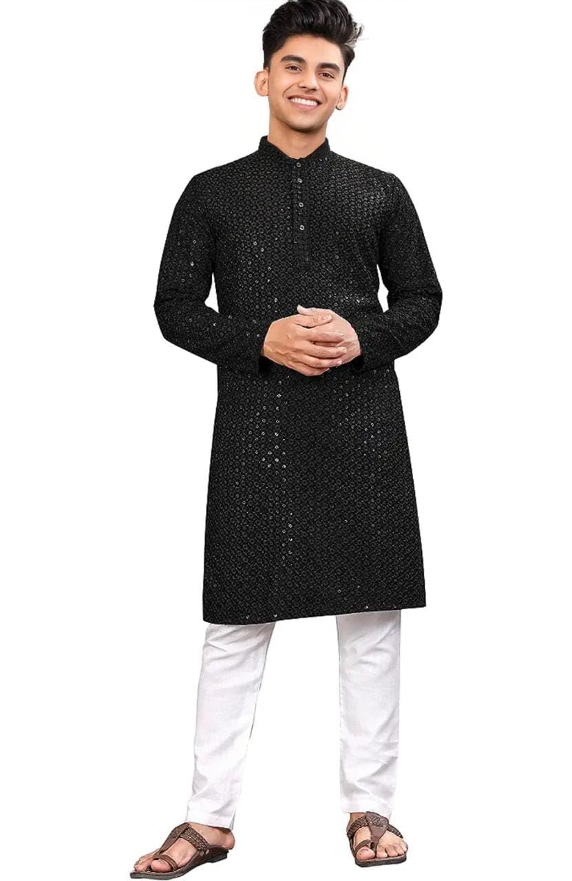Royal Ethnic | Men's Straight Lucknowi Kurta | Indian Ethnic Wear | Embroidered Cotton | Full Sleeves | Regular Fit - Royal Ethnic