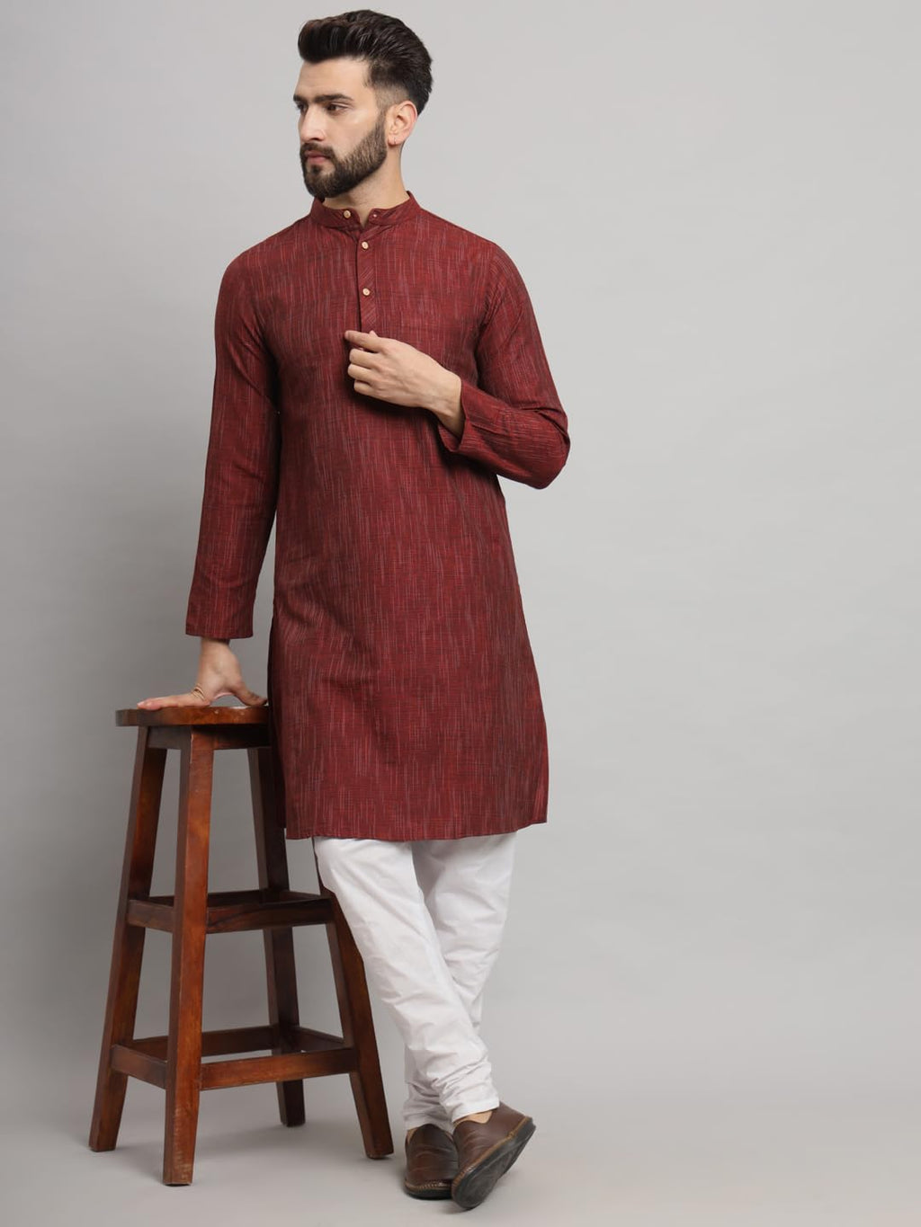 Royal Ethnic | Men's Cotton Textured Long Kurta | Full Sleeves | Regular Fit | Casual Ethnic Wear | Contemporary Charm - Royal Ethnic