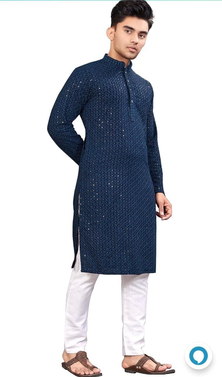Royal Ethnic | Men's Straight Lucknowi Kurta | Indian Ethnic Wear | Embroidered Cotton | Full Sleeves | Regular Fit - Royal Ethnic