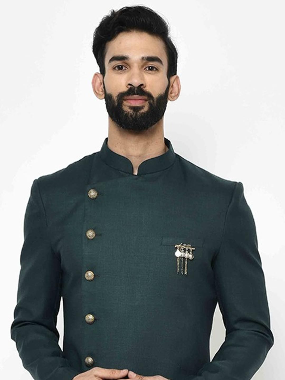 Royal Ethnics | Men's Indo-Western Sherwani Dhoti Set | Green Cotton Blend | Solid Dyed | Regular Fit | Long Sleeve - Royal Ethnic