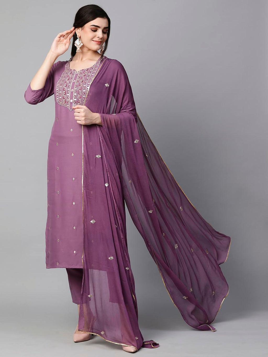 Royal Ethnic Womens Cotton Blend Embroidered Kurta Set with Pant Dupatta Elegants Calf Length Ethnic Outfit Dress - Royal Ethnic