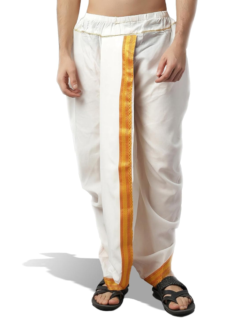 Royal Ethnic | Men's Readymade Art Silk Dhoti | White with Gold Border | Pre-Stitched | Wedding & Puja Wear | Comfortable - Royal Ethnic