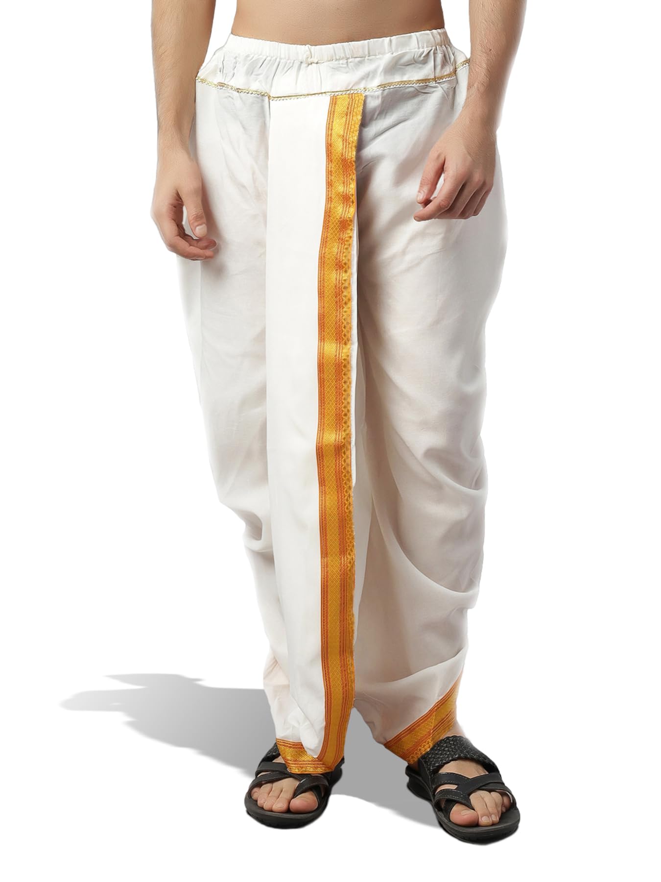 Royal Ethnic | Men's Readymade Art Silk Dhoti | White with Gold Border | Pre-Stitched | Wedding & Puja Wear | Comfortable - Royal Ethnic