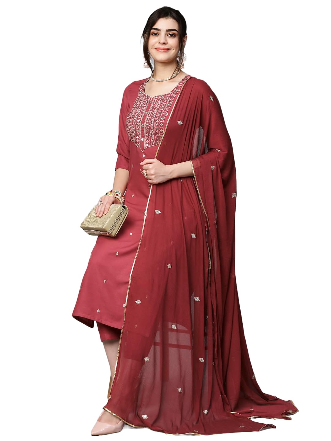 Royal Ethnic Womens Cotton Blend Embroidered Kurta Set with Pant Dupatta Elegants Calf Length Ethnic Outfit Dress