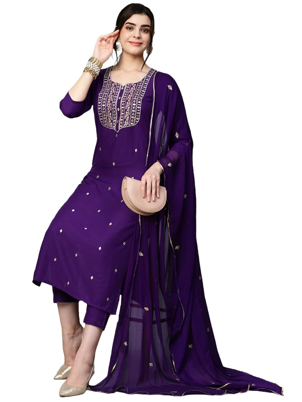 Royal Ethnic Womens Cotton Blend Embroidered Kurta Set with Pant Dupatta Elegants Calf Length Ethnic Outfit Dress