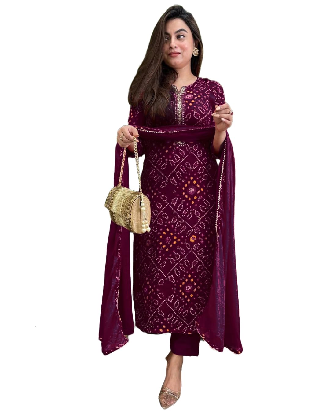 Royal Ethnic Women's Rayon Viscose Straight Bandhej Printed Kurta with Pant and Dupatta Elegant Stylish Ethnic Wear Festive