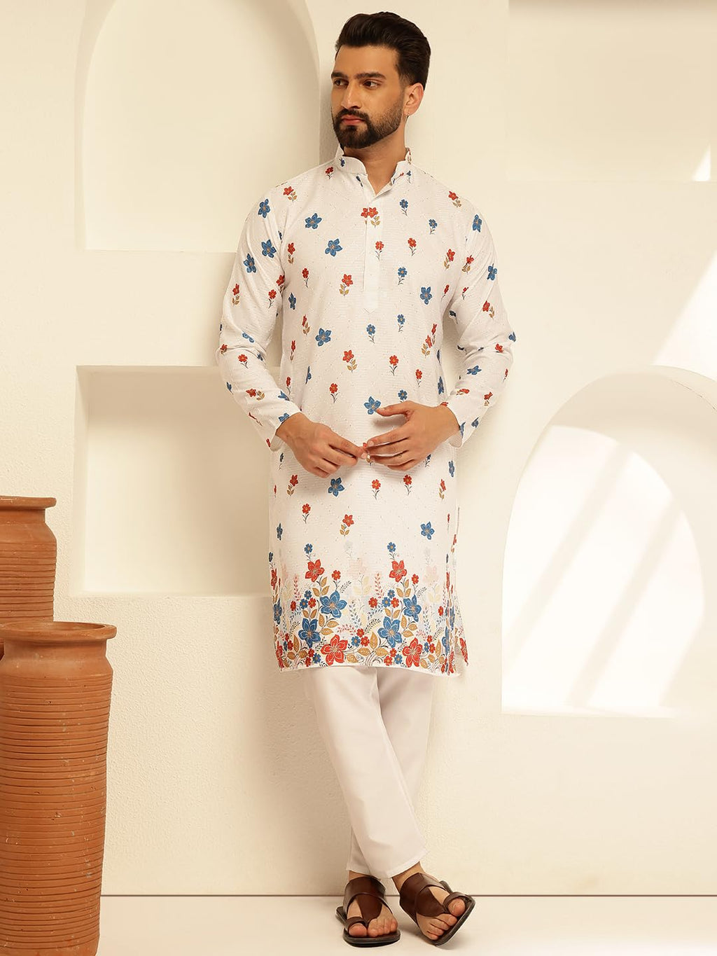 SOJANYA (Since 1958 Raksha Bandhan Special Men's Cotton Kurta Pyjama with Daman Print & Krochet Embroidery