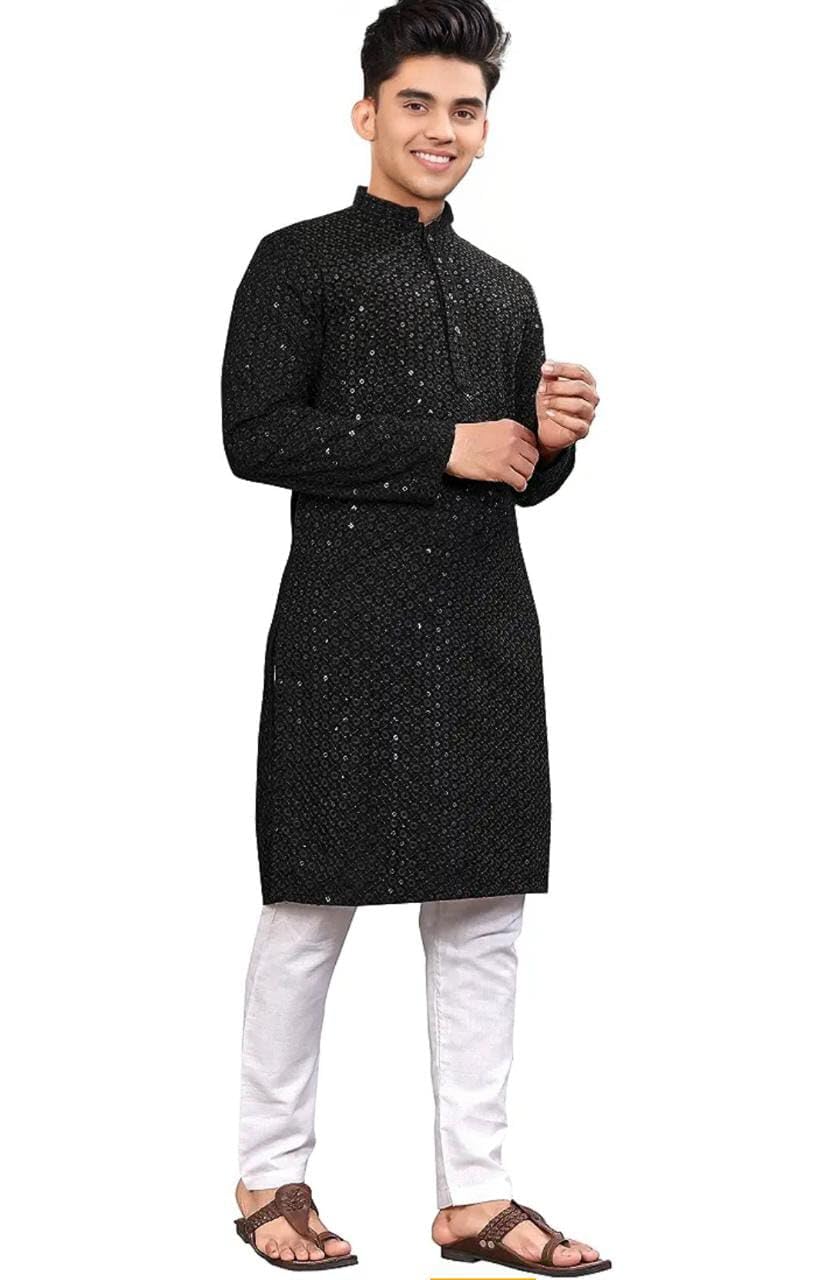 Royal Ethnic | Men's Straight Lucknowi Kurta | Indian Ethnic Wear | Embroidered Cotton | Full Sleeves | Regular Fit - Royal Ethnic