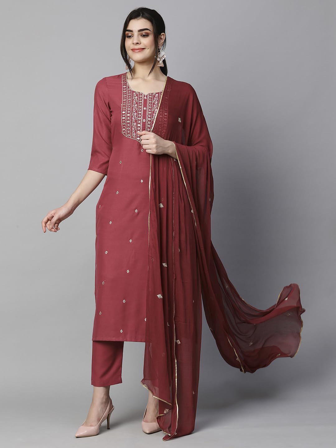 Royal Ethnic Womens Cotton Blend Embroidered Kurta Set with Pant Dupatta Elegants Calf Length Ethnic Outfit Dress - Royal Ethnic