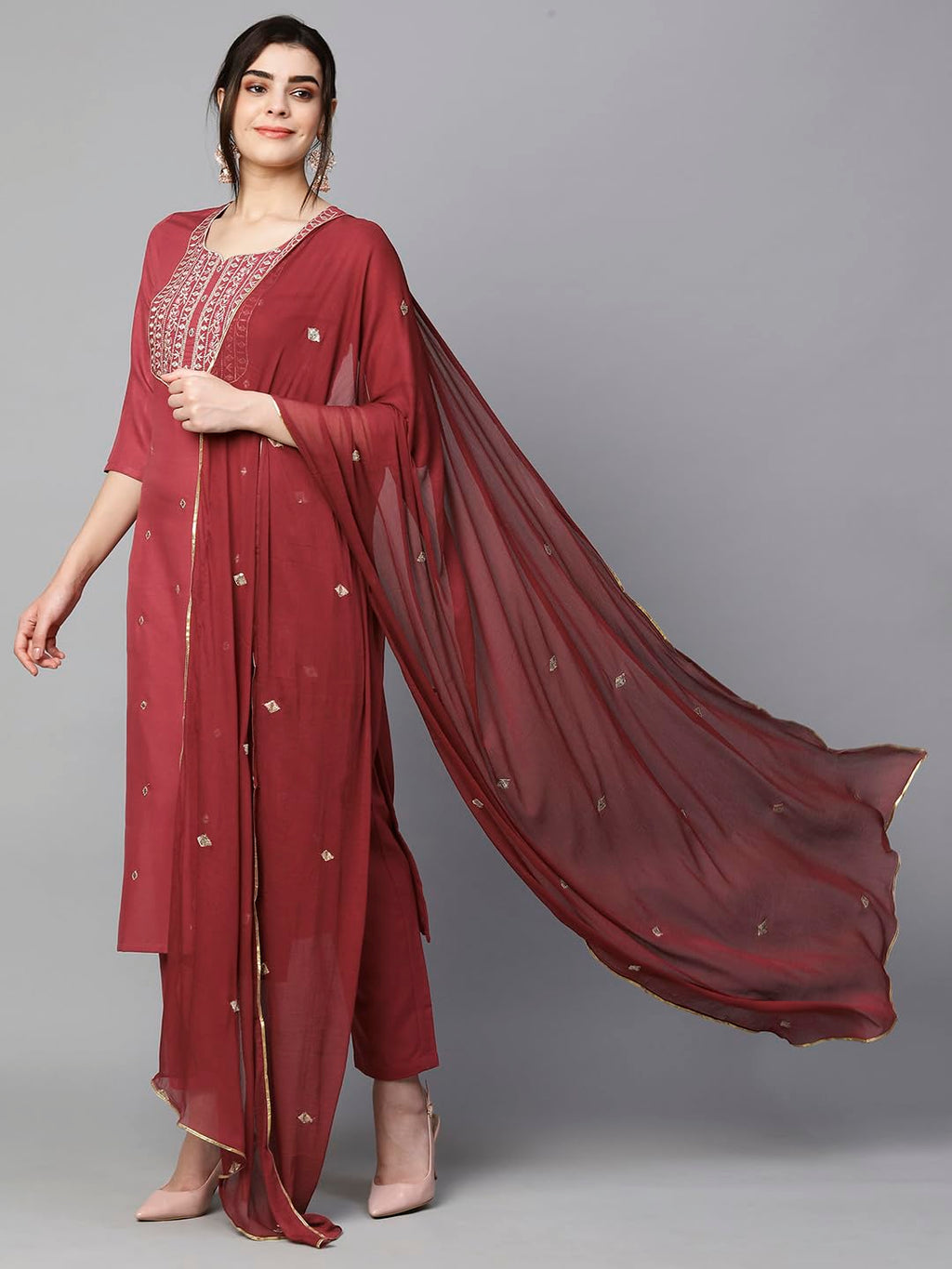 Royal Ethnic Womens Cotton Blend Embroidered Kurta Set with Pant Dupatta Elegants Calf Length Ethnic Outfit Dress - Royal Ethnic