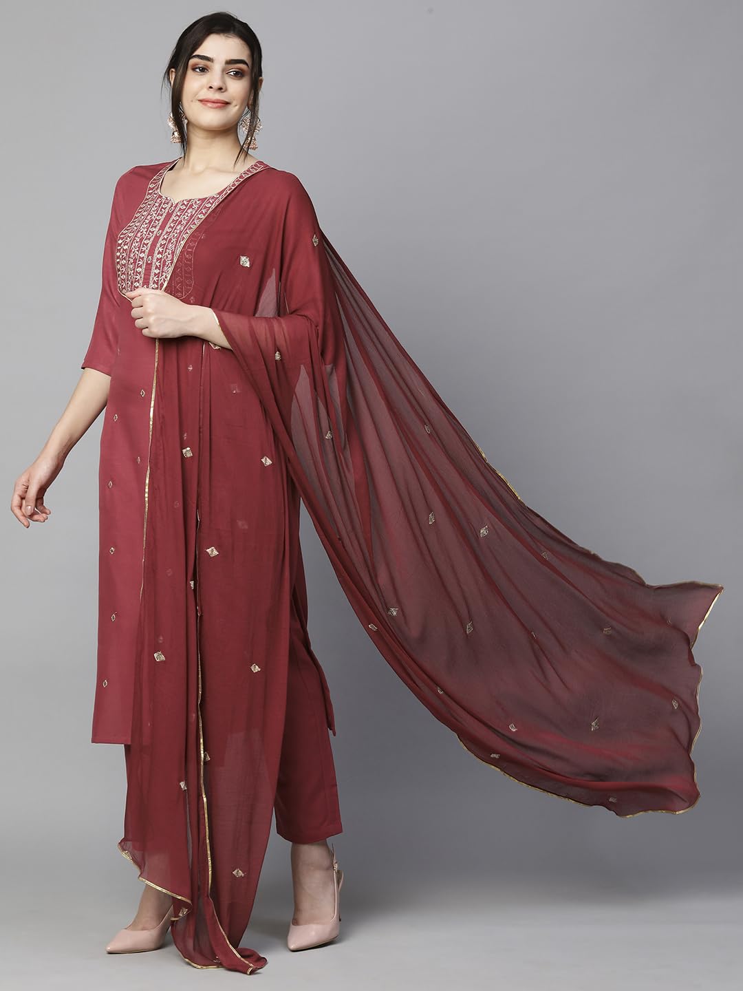 Royal Ethnic Womens Cotton Blend Embroidered Kurta Set with Pant Dupatta Elegants Calf Length Ethnic Outfit Dress - Royal Ethnic