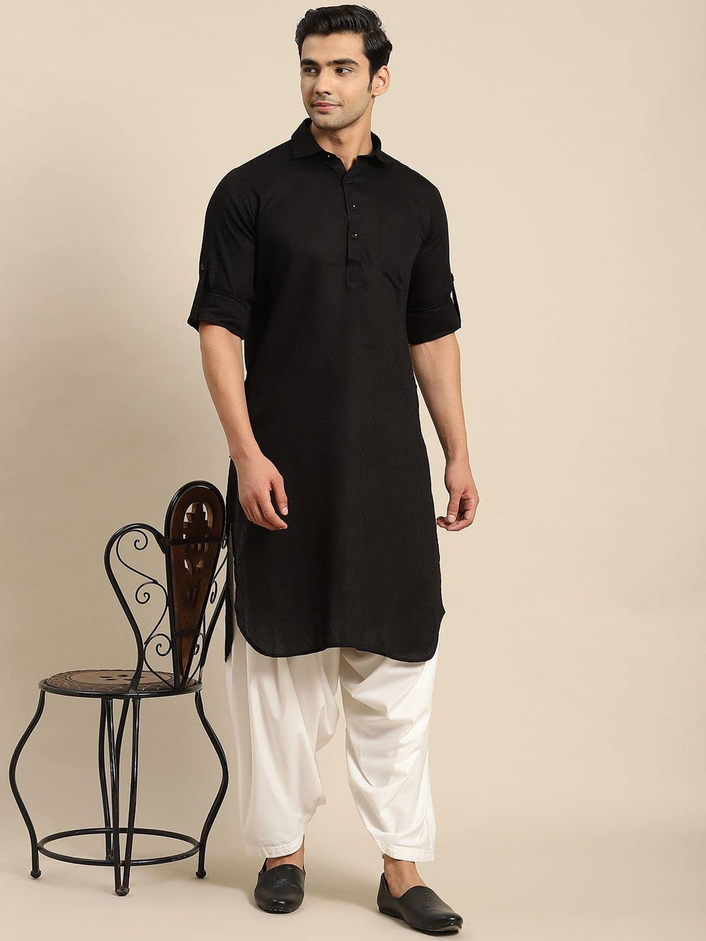 Royal Ethnic | Men's Festive Cotton Pathani Kurta | Woven Design | Shirt Collar | Full Sleeves | Elegant Traditional Wear - Royal Ethnic