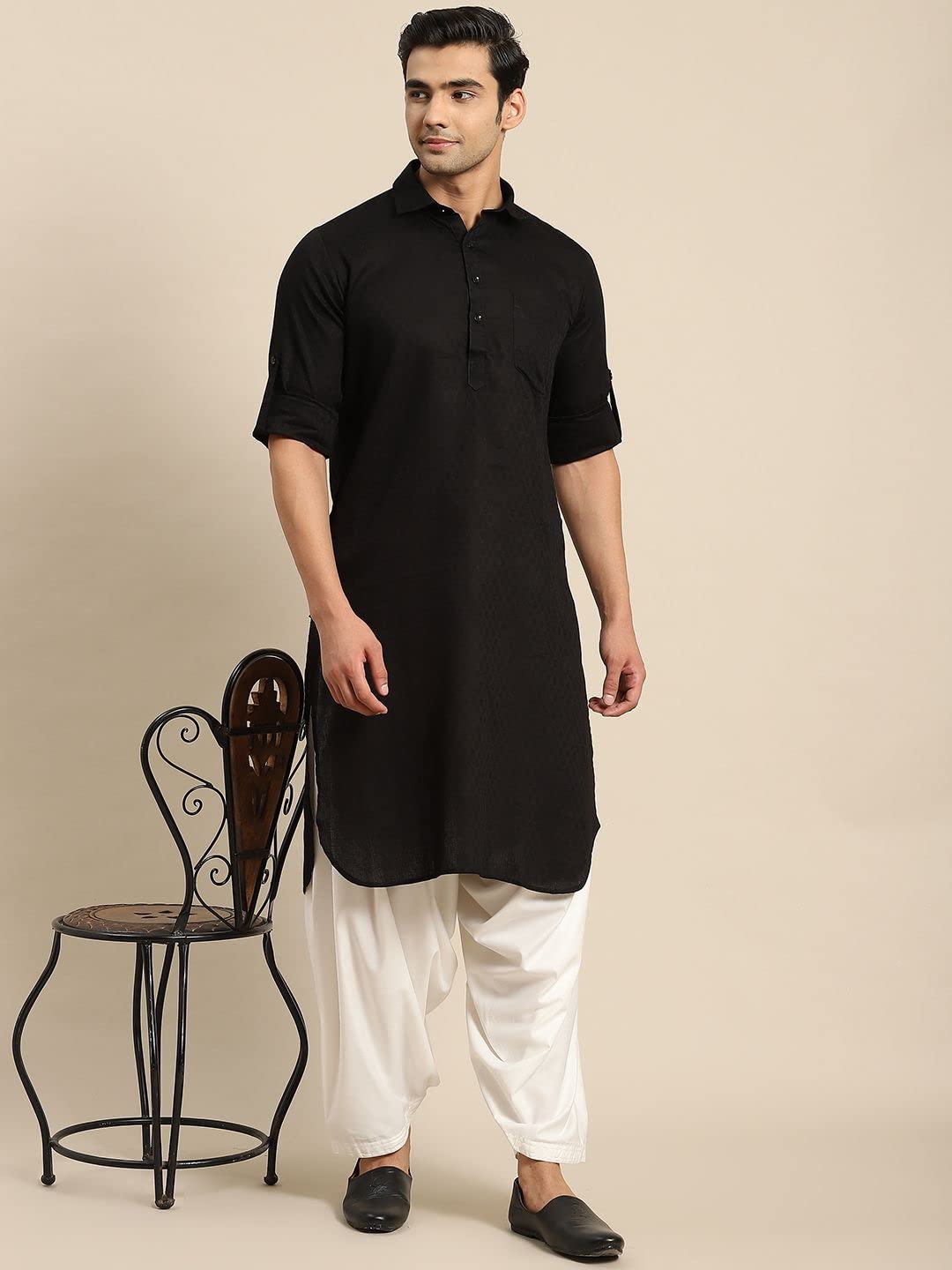 Royal Ethnic | Men's Festive Cotton Pathani Kurta | Woven Design | Shirt Collar | Full Sleeves | Elegant Traditional Wear - Royal Ethnic