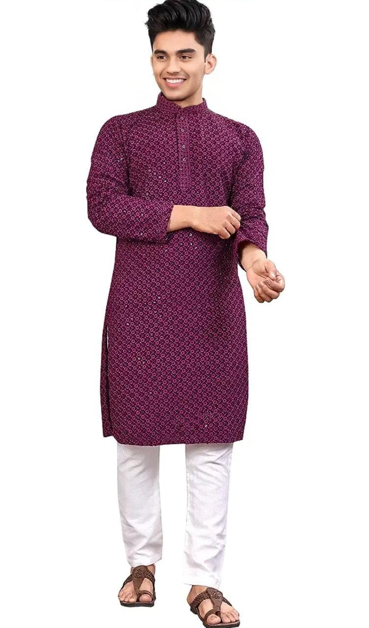 Royal Ethnic | Men's Straight Lucknowi Kurta | Indian Ethnic Wear | Embroidered Cotton | Full Sleeves | Regular Fit - Royal Ethnic