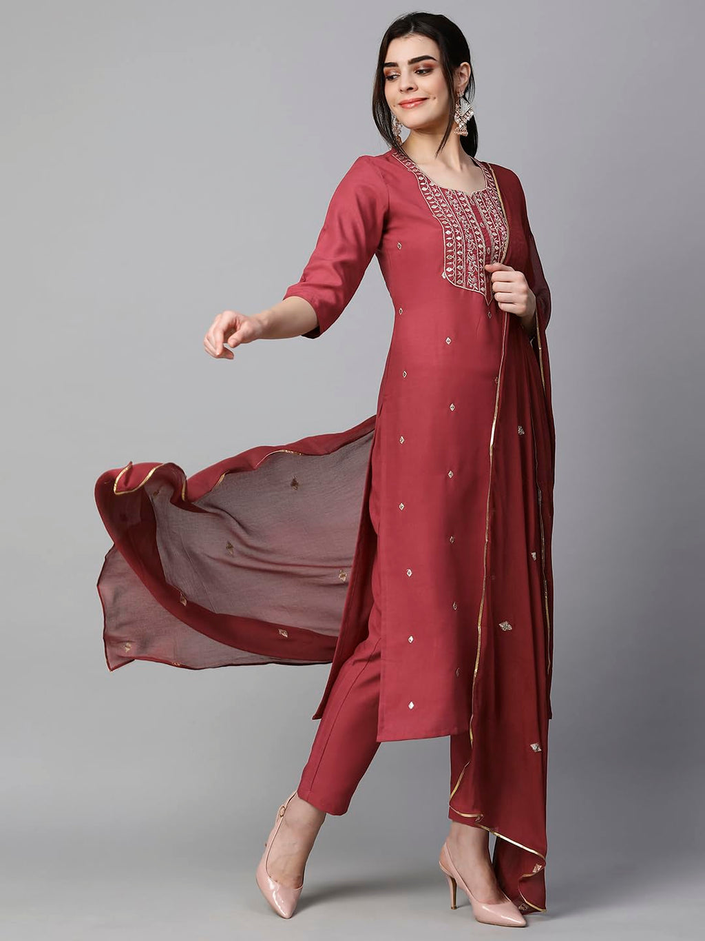 Royal Ethnic Womens Cotton Blend Embroidered Kurta Set with Pant Dupatta Elegants Calf Length Ethnic Outfit Dress - Royal Ethnic