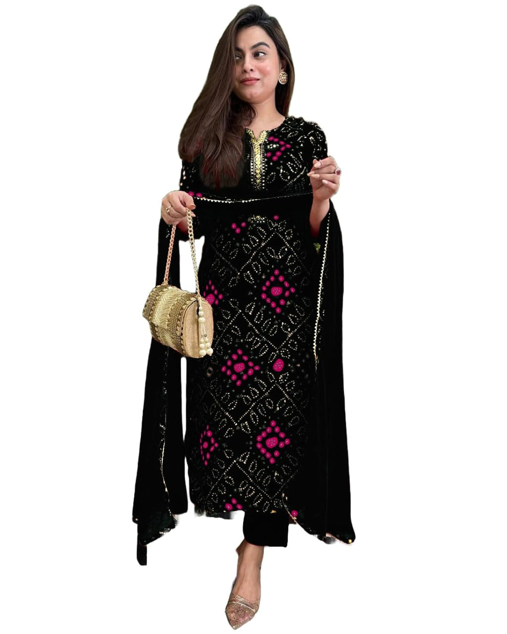 Royal Ethnic Women's Rayon Viscose Straight Bandhej Printed Kurta with Pant and Dupatta Elegant Stylish Ethnic Wear Festive