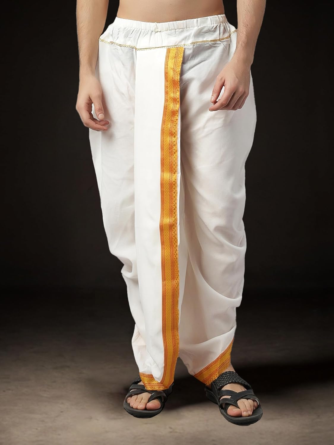 Royal Ethnic | Men's Readymade Art Silk Dhoti | White with Gold Border | Pre-Stitched | Wedding & Puja Wear | Comfortable - Royal Ethnic