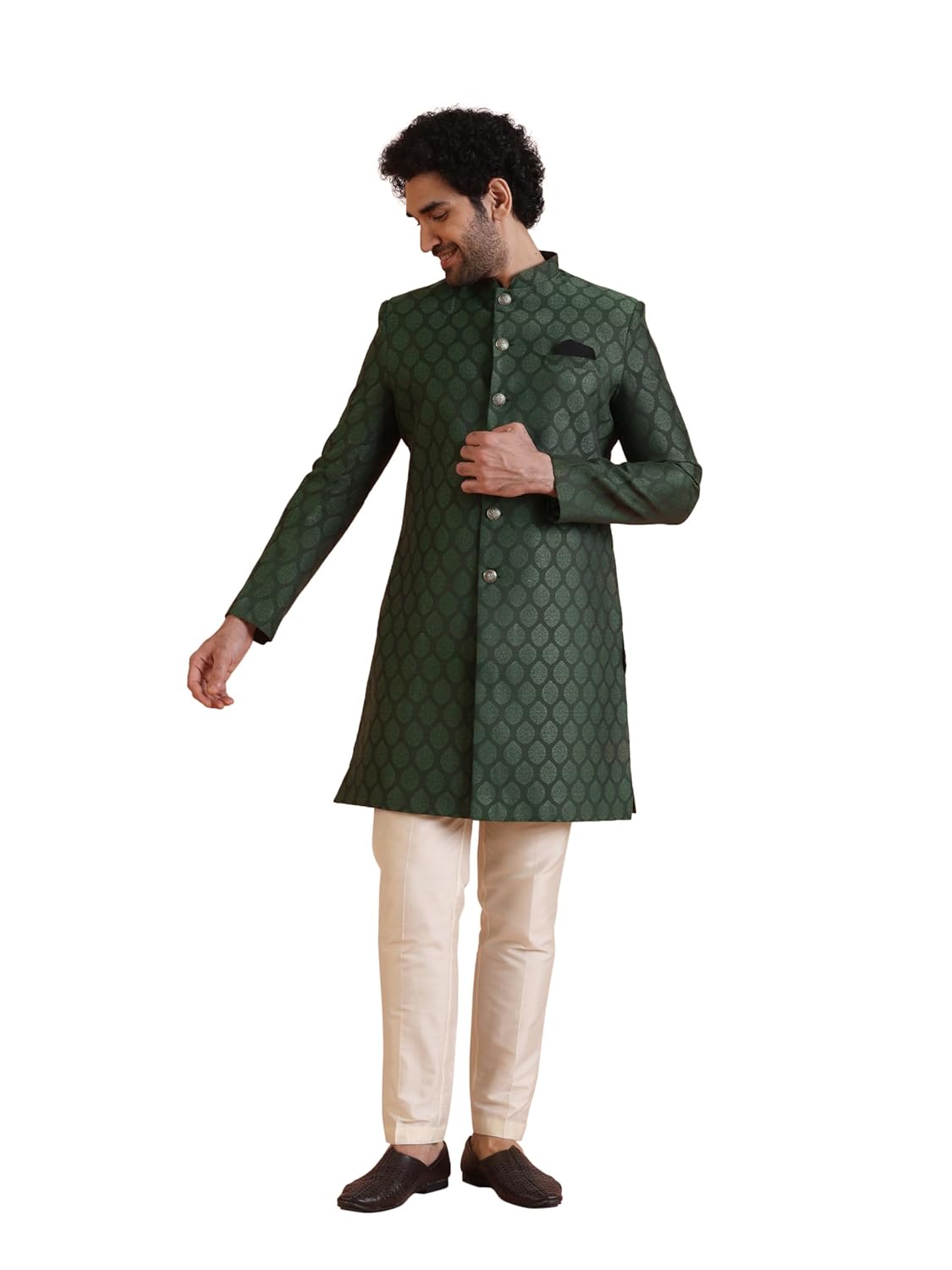 Royal Ethnics | Men's Indo-Western Sherwani Trouser Set | Olive Silk Blend | Woven Design | Regular Fit | Long Sleeve - Royal Ethnic