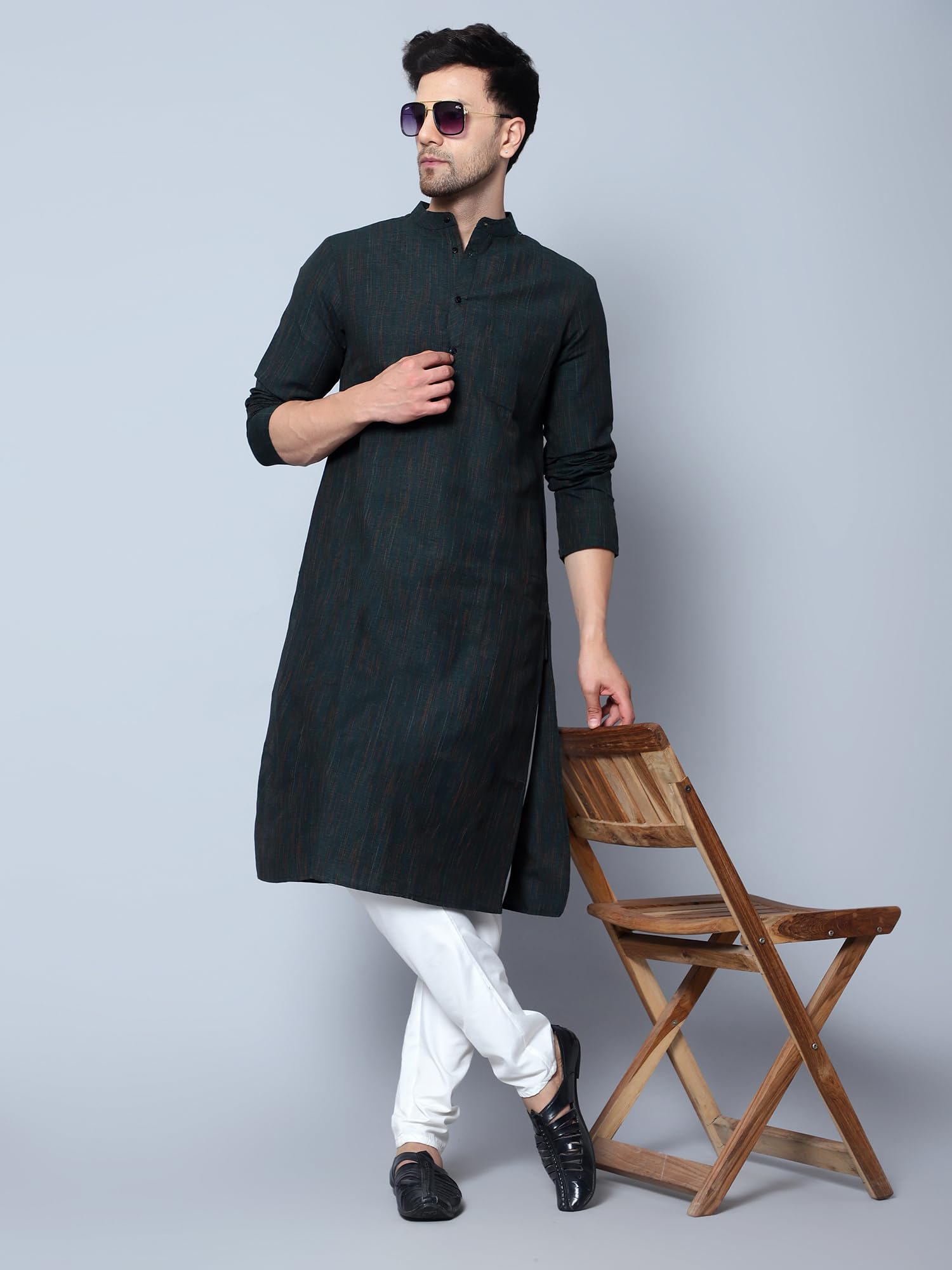 Royal Ethnic | Men's Cotton Textured Long Kurta | Full Sleeves | Regular Fit | Casual Ethnic Wear | Contemporary Charm - Royal Ethnic