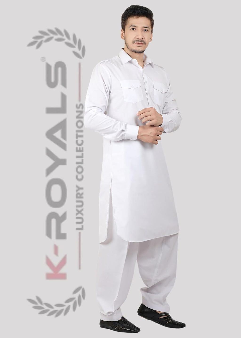Royal Ethnic | Men's Cotton Blend Pathani Kurta Pyjama Set | Full Sleeves | Solid Pattern | Festive & Elegant Traditional - Royal Ethnic