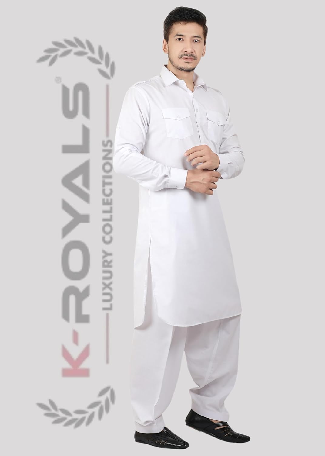 Royal Ethnic | Men's Cotton Blend Pathani Kurta Pyjama Set | Full Sleeves | Solid Pattern | Festive & Elegant Traditional - Royal Ethnic