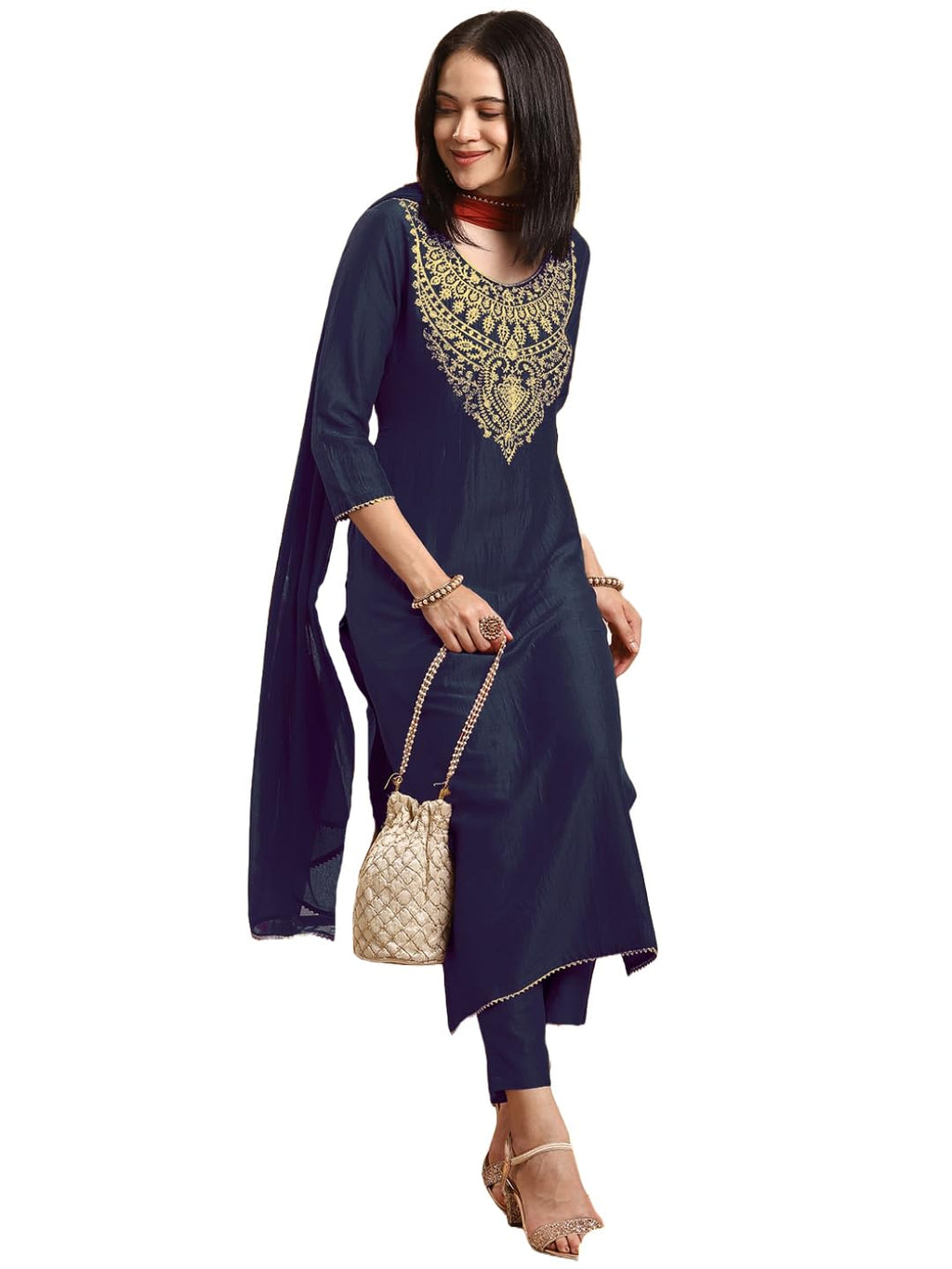 GoSriKi Women's Rayon Viscose Embroidered Straight Kurta with Pant & Dupatta