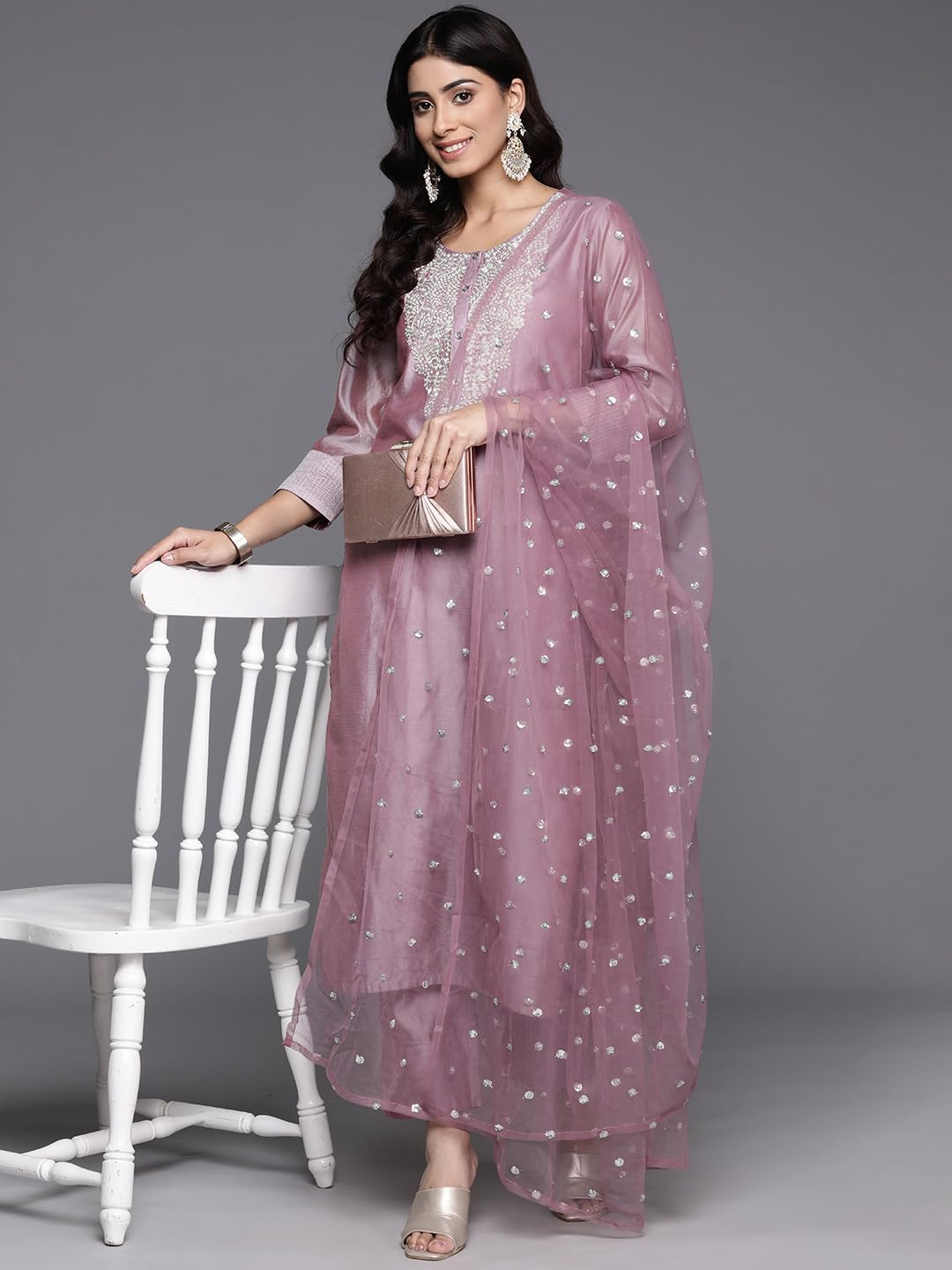 Royal Ethnic Women Mauve Silk Thread Embroidered Kurta Set with Dupatta Elegant Sophisticated Designer Ethnic Wear
