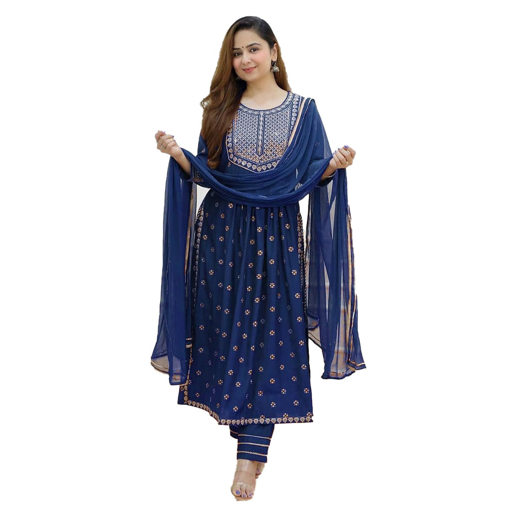 Royal Ethnic Women's Rayon Sleeve Jewel Neck Embroidery Kurta with Pant Dupatta Elegant Stylish Ethnic Outfit Dress