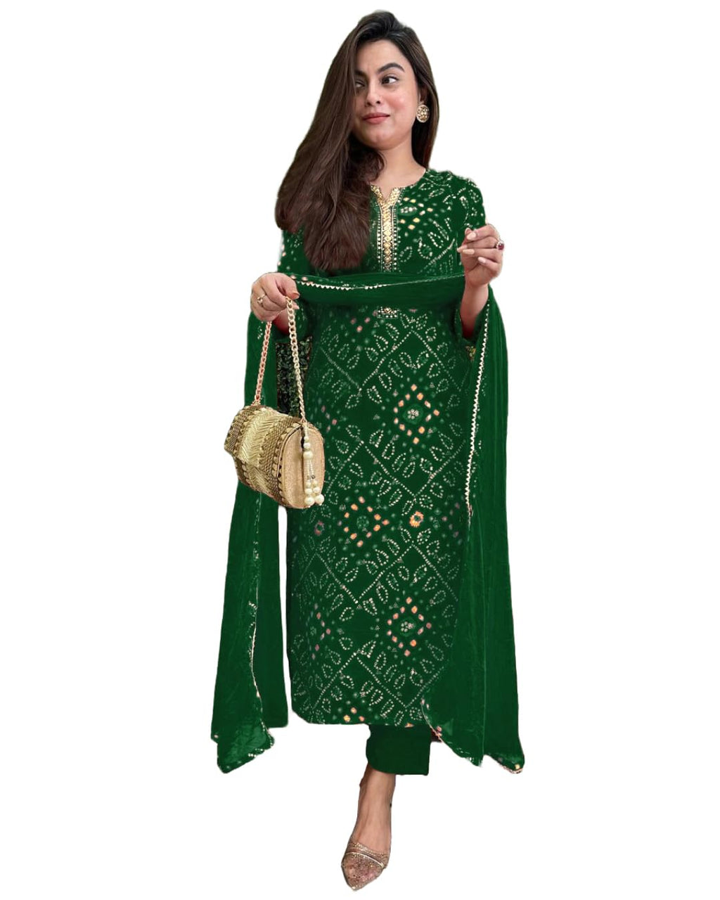 GoSriKi Women's Rayon Viscose Straight Bandhej Printed Kurta with Pant & Dupatta