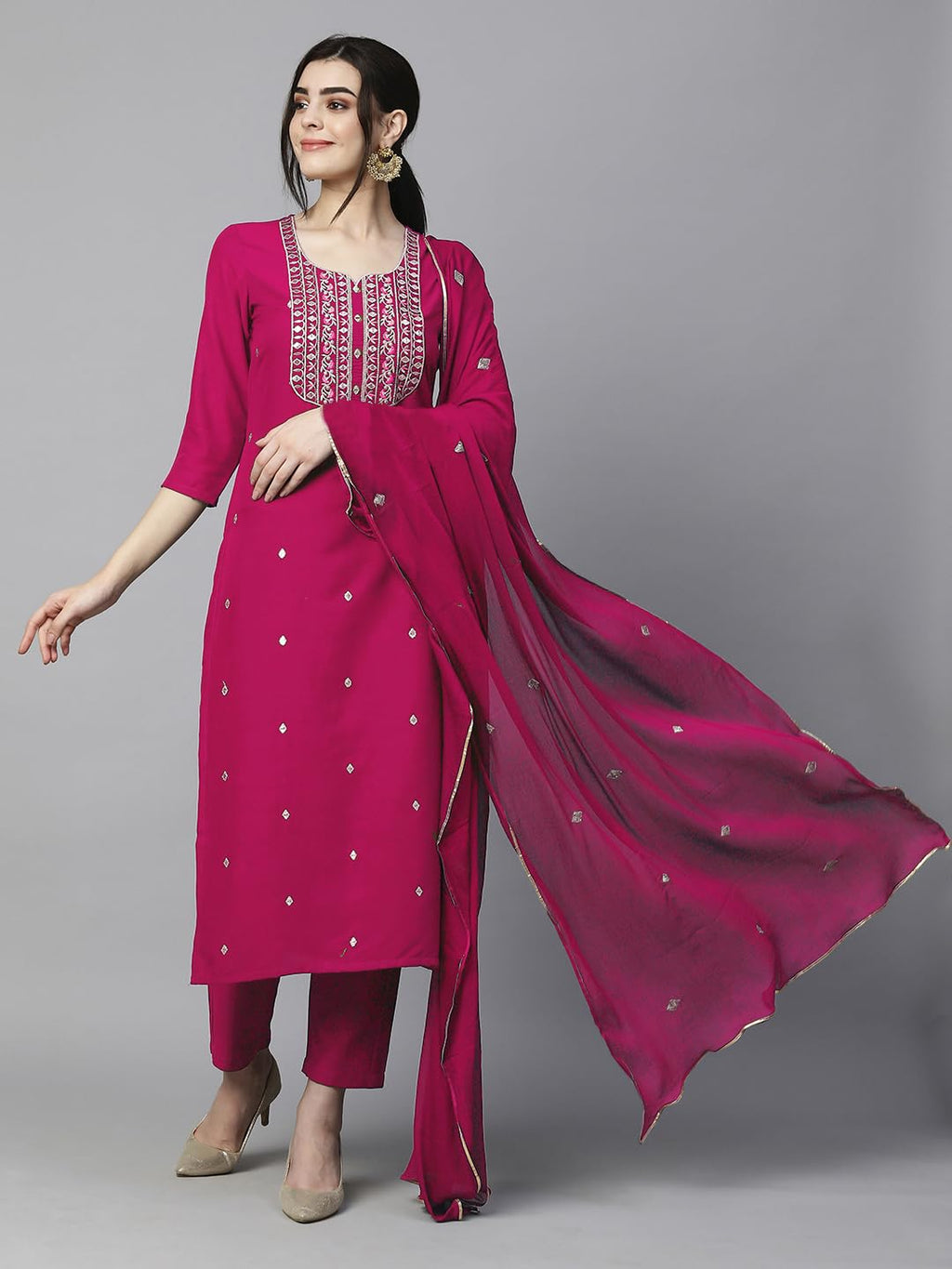 Royal Ethnic Womens Cotton Blend Embroidered Kurta Set with Pant Dupatta Elegants Calf Length Ethnic Outfit Dress