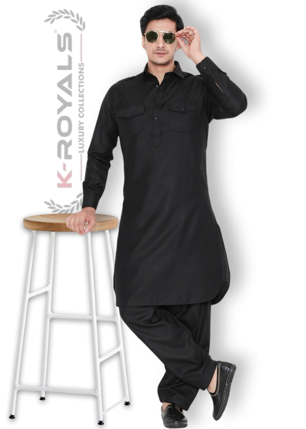Royal Ethnic | Men's Cotton Blend Pathani Kurta Pyjama Set | Full Sleeves | Solid Pattern | Festive Wear | Elegant Fit - Royal Ethnic