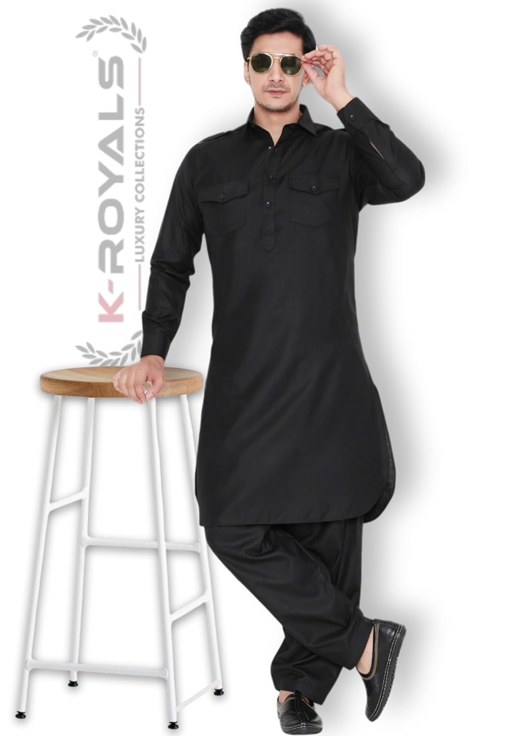 Royal Ethnic | Men's Cotton Blend Pathani Kurta Pyjama Set | Full Sleeves | Solid Pattern | Festive Wear | Elegant Fit - Royal Ethnic