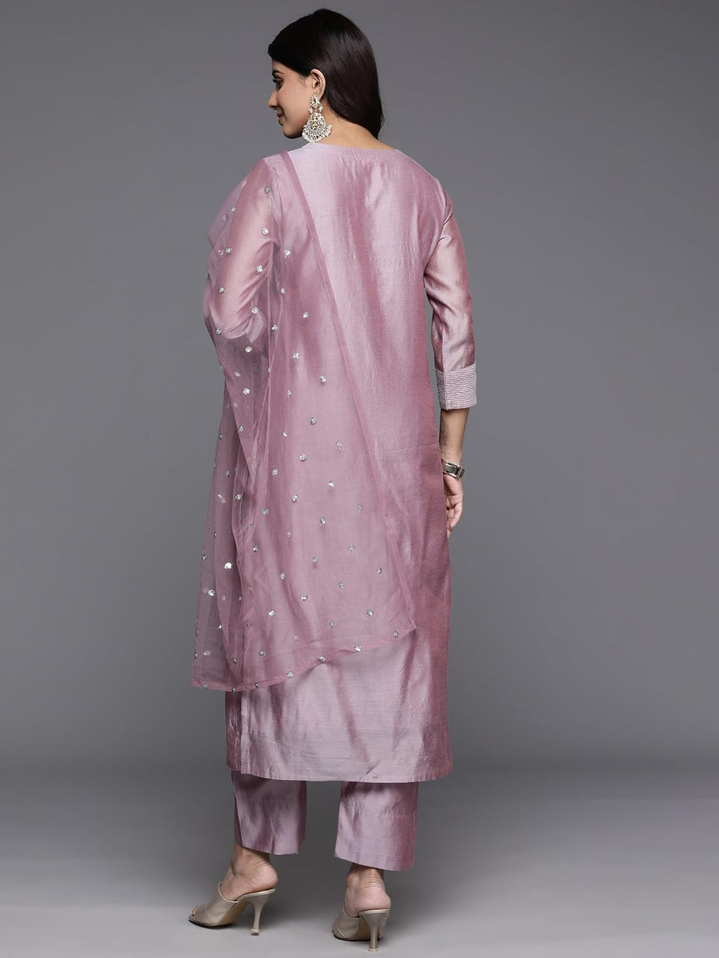 Royal Ethnic Women Mauve Silk Thread Embroidered Kurta Set with Dupatta Elegant Sophisticated Designer Ethnic Wear