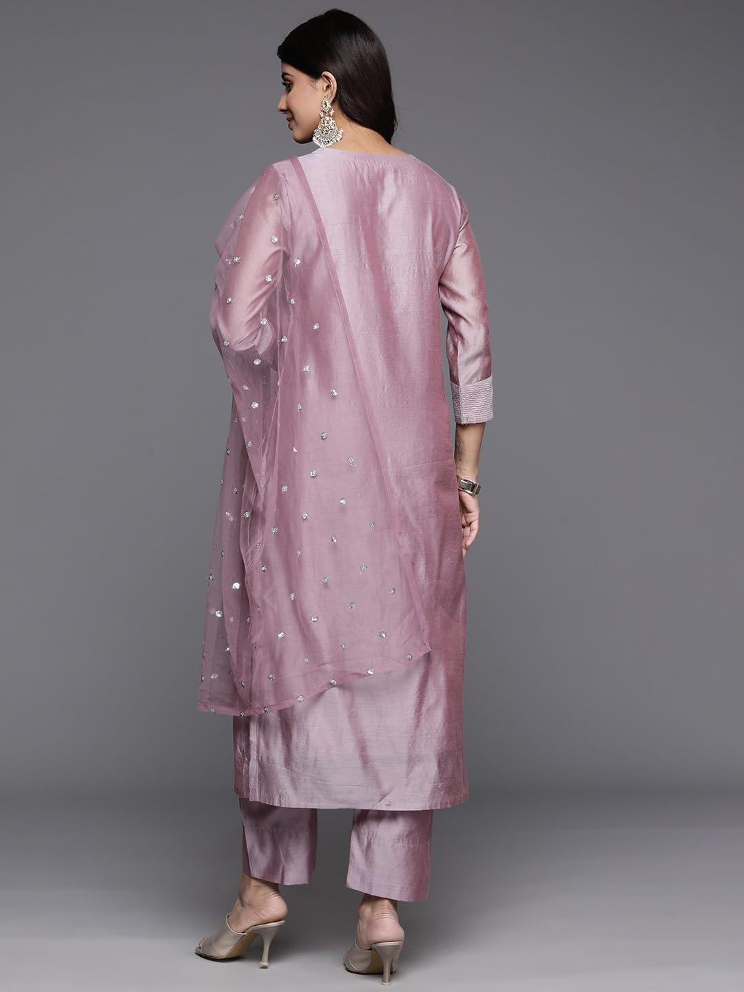 Royal Ethnic Women Mauve Silk Thread Embroidered Kurta Set with Dupatta Elegant Sophisticated Designer Ethnic Wear