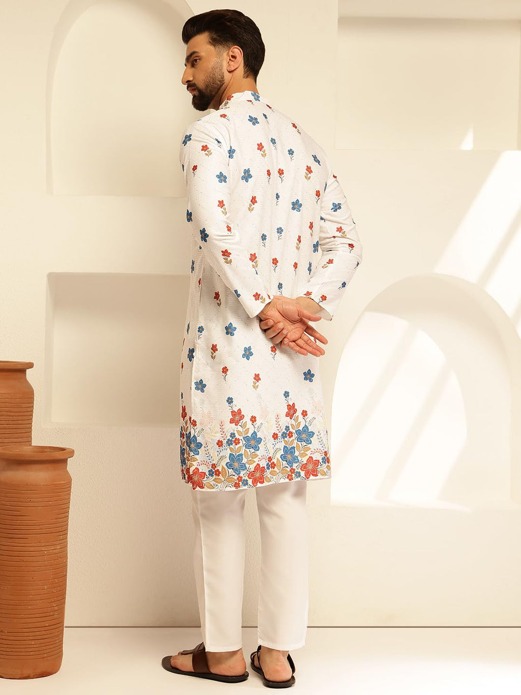 SOJANYA (Since 1958 Raksha Bandhan Special Men's Cotton Kurta Pyjama with Daman Print & Krochet Embroidery