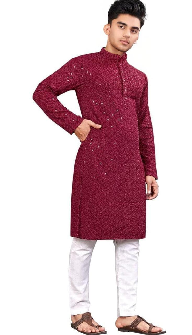 Royal Ethnic | Men's Straight Lucknowi Kurta | Indian Ethnic Wear | Embroidered Cotton | Full Sleeves | Regular Fit - Royal Ethnic