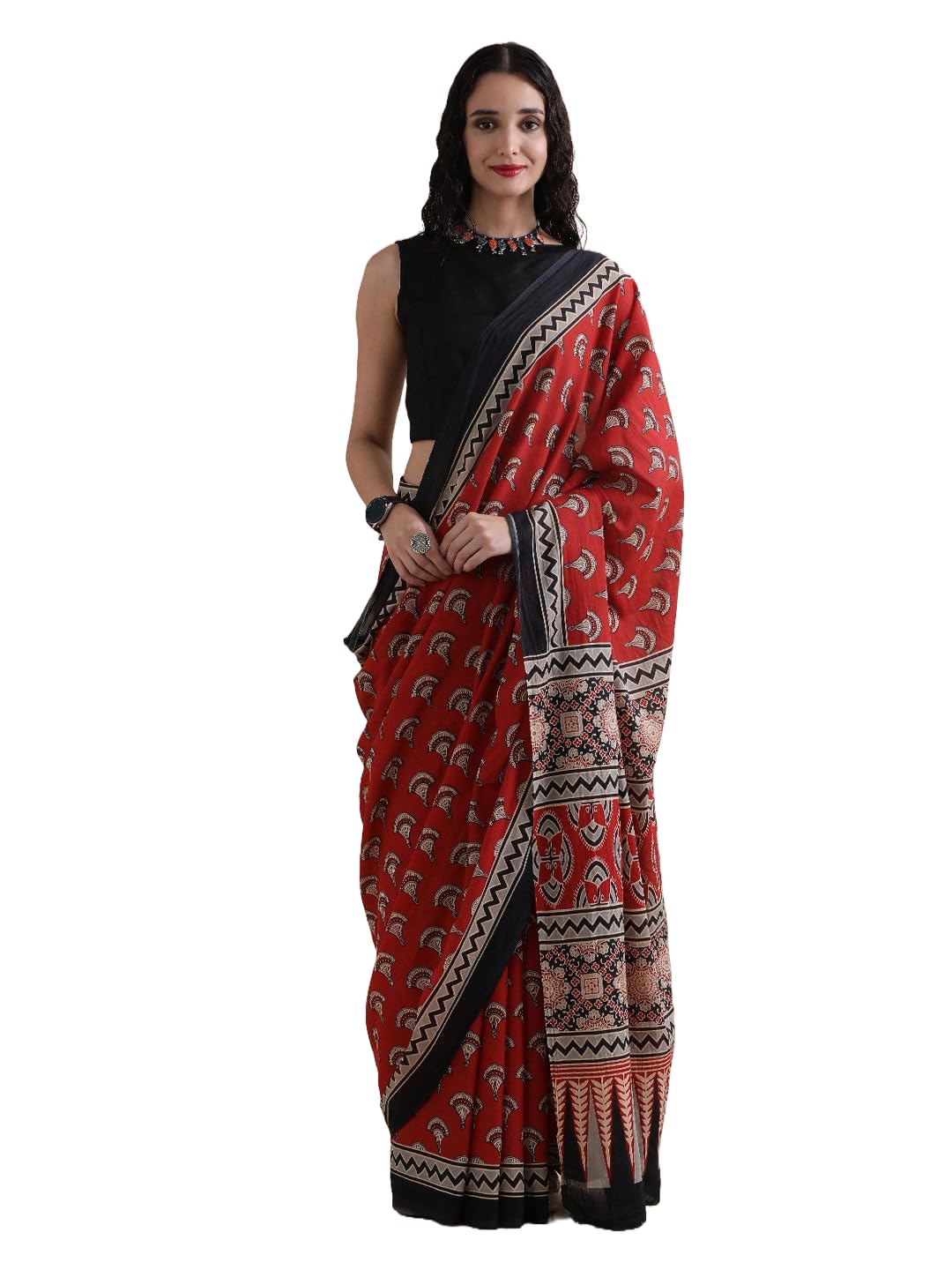 Royal Ethnic Handblock Printed Cotton Mulmul Saree Kalamkari Bagru Print Natural Dyed Maroon White 6.5 Mtr with Blouse Piece - Royal Ethnic