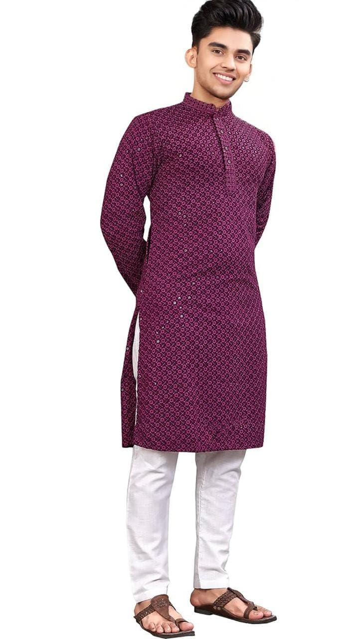 Royal Ethnic | Men's Straight Lucknowi Kurta | Indian Ethnic Wear | Embroidered Cotton | Full Sleeves | Regular Fit - Royal Ethnic