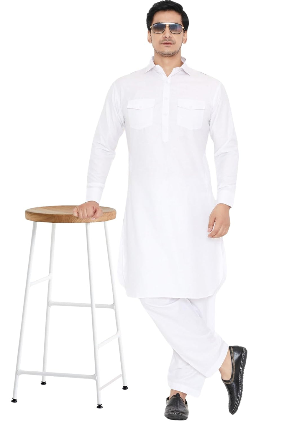 Royal Ethnic | Men's Cotton Blend Pathani Kurta Pyjama Set | Full Sleeves | Solid Pattern | Festive & Elegant Traditional - Royal Ethnic
