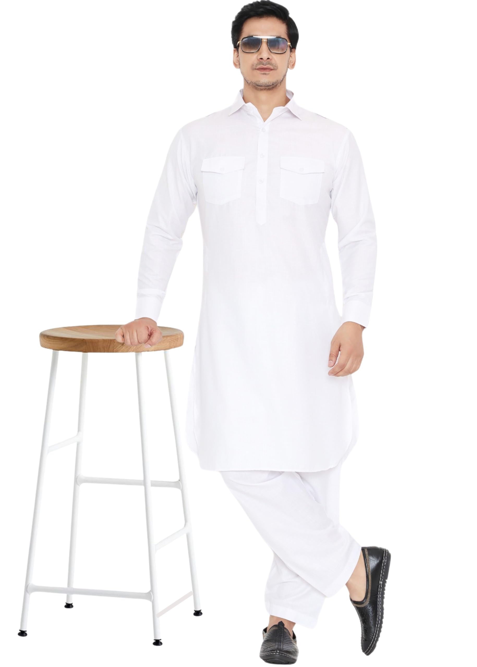 Royal Ethnic | Men's Cotton Blend Pathani Kurta Pyjama Set | Full Sleeves | Solid Pattern | Festive & Elegant Traditional - Royal Ethnic